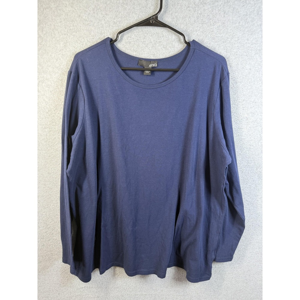 Erika Shirt Womens 1X Plus Navy Blue Long Sleeve Scoop Neck Basic Casual Top